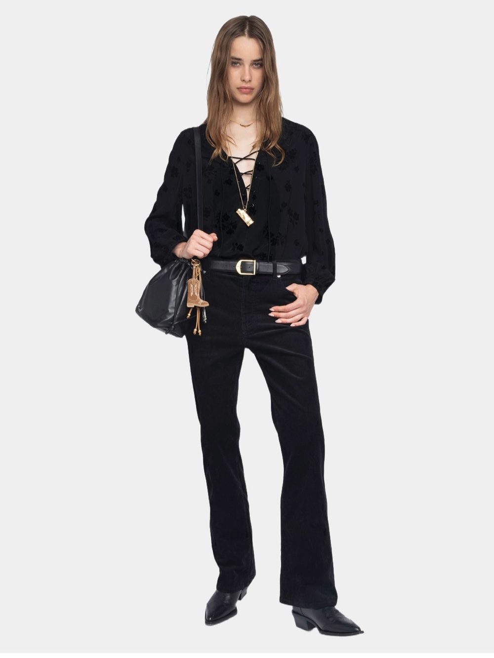 Zadig & Voltaire Tamela Velvet Flocked Floral Top In Black NWT